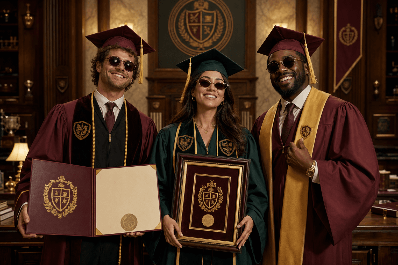 Smiling graduates holding diploma folios in a polished satirical-university portrait.